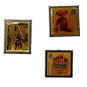 VTG Lot(3) USA Bear Heroes Firefighters 9-11 Crayola Crayon Stamps Brooch Pin
